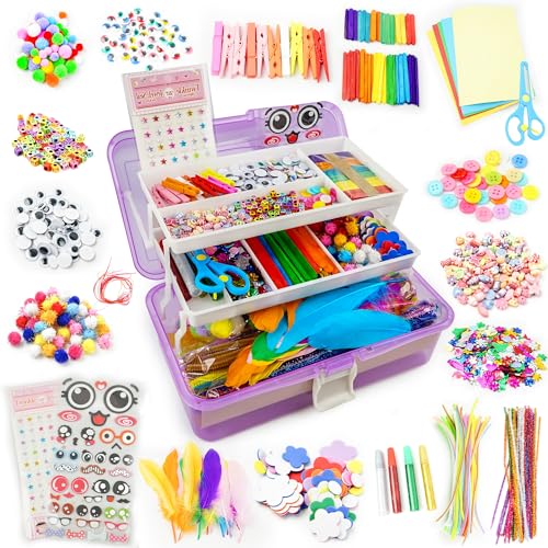 SMILESSKIDDO Kids Arts and Crafts, 1000+ PCS Craft Kits with Storage Box | Portable 3-Layer Folding Storage Box, 1000+ Pcs DIY Craft Supplies, School Craft Projects, Gifts for Girls Ages 4-12 - color: purple