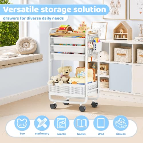 Metal Rolling Storage Cart with 3 Drawers - Utility Cart on Wheels with Pegboard & Wood Tabletop, Multifunctional Trolley Organizer with Hooks & Bin for Living Room,Bedroom,Craft Room,Office,Kids Room - color: Whtie