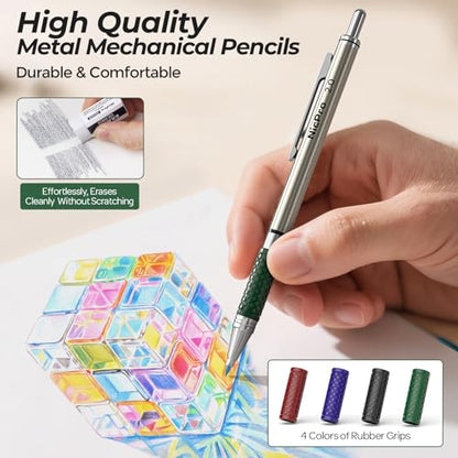 Nicpro 2.0 mm Mechanical Pencils Set, 4PCS Metal Mechanical Drawing Pencil | 108 Color & Black (HB 2B) Lead Refill, Non Slip Grips, Art Mechanical Pencil for School Writing, Artist Drawing Sketching