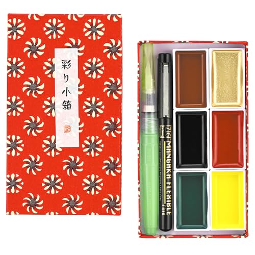 Kuretake Irodori Kobako Red Watercolor Paint Set, 6 Colors, Made in Japan | 6 rich colors, red washi box, brush pen & water brush pen, Professional Use, Artist Grade - color: Red