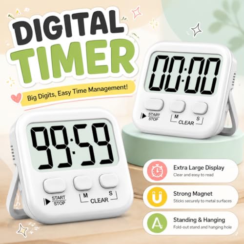 Antonki 2 Pack Digital Timer for Kids Classroom Kitchen Timers for Cooking | w/ Battery, Easy to View, Alarm, Mute Mode, Count Down/Up, Magnetic, Kickstand, Hanging, Classroom Timer for Teacher Supplies - color: Pure White *2