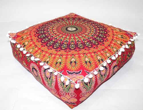 INDIAN CRAFT CASTLE Mandala Mandala Barmeri Large Floor Pillow Cover Cushion Meditation Seating Ottoman Throw Cover Hippie Decorative Zipped Bohemian Pouf Ottoman Cases (Red, 16" Square) - color: Red, size: 16"D x 16"W x 5"H