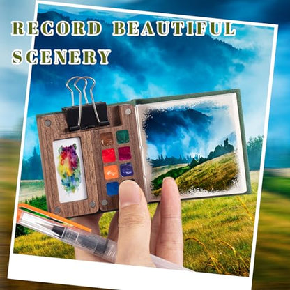 Qilery Mini Portable Watercolor Palette Set Wooden Grid Paint Box Watercolor Paper Sketch Book Brush Pens with Binder Clip for Painters Artist Not Include Paint(Pine Green) - style: Pine Green