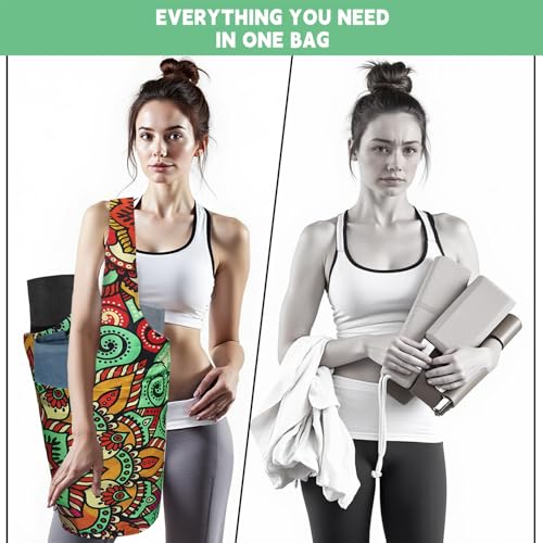 Yoga Mat Bag Carrier for Women with Side Large Pocket Durable Linen Workout Gym Travel Storage Pilates Mats - color: Ethnic Mandala