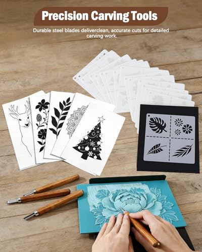 UCEC 38Pcs Linocut Kit with 12 Carving Tools, Brayer, Baren & Lino Blocks | Complete Block Printing Starter Set for Beginners, Includes 12 Wood Handle Carving Tools, A5 Linoleum Blocks, Brayer & Baren - color: Block Printing Kit-38 Pack
