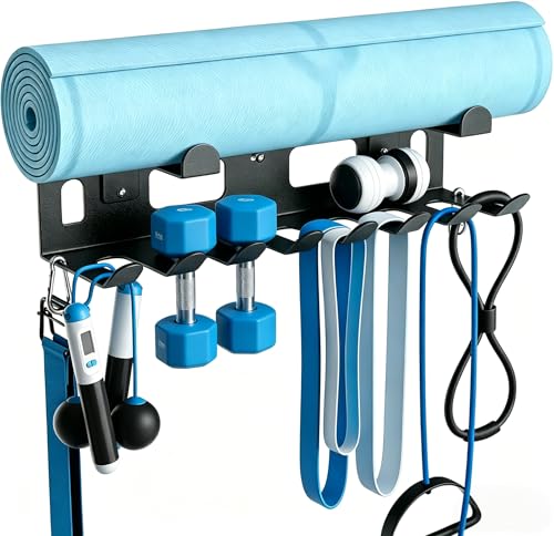 Heavy-Duty Wall Mounted Metal Gym Wall Storage Rack, Multi-Purpose Home Gym Organization & Gym Equipment Storage Organizer for Yoga Mat, Resistance Bands, Jump Ropes, Weight Belts – Space-Saving Garage Gym Storage with Removable Hooks