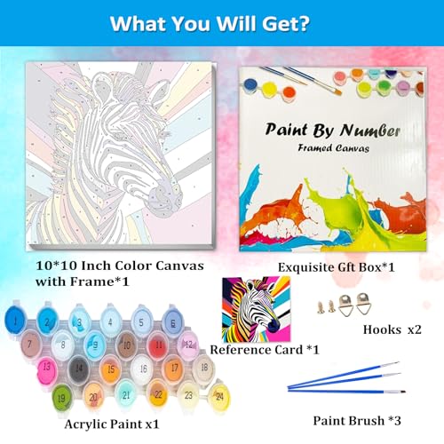 Artunion Framed Paint by Numbers Kit for Adults Beginners & Kids Ages 8-12,Colorful Zebra Paint by Number with Frame,Animal Paint by Numbers Kit on Canvas 10 * 10 Inch Without Easel - color: ZXT-273-F