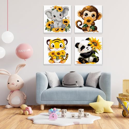 4 Pack Paint by Number for Kids with Wooden Frame, Cartoon Paint by Numbers for Kids Ages 8-12, Elephant, Monkey, Tiger, Panda, DIY Acrylic Oil Painting for Beginners for Home Wall Decor 8X8 inch - color: Yellow-animal