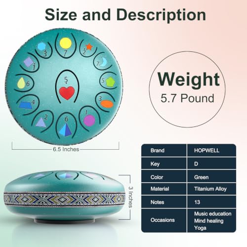 Steel Tongue Drum, Rain Drum for Outside Garden, Waterproof Meditation Rain Chime, UV-Printed Notes & Geometric Design, with Bag, Mallets & Music Book (Malachite Green, 6.5 Inch 13 Notes) - color: Malachite Green