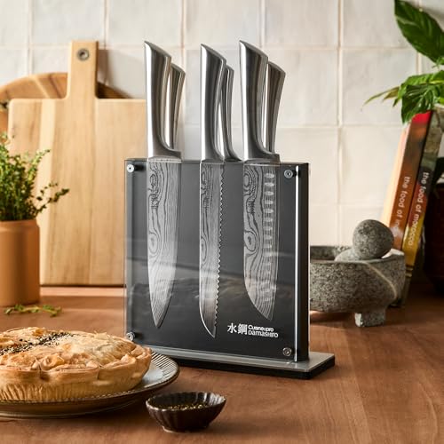 Cuisine::pro Damashiro Knife Block (Kumi, 7-Piece Chef Knife Set) - Japanese Steel Knife - Magnetic Knife Block- Damascus-Inspired Blade Kitchen Knives - size: 7-Piece Block