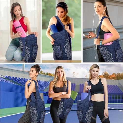 Yoga Mat Bag Carrier for Women Workout Large Waterproof with Zipper Pocket, Keychain and Wide Shoulder Straps - color: mandala