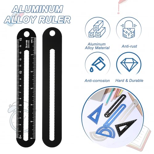 HARFINGTON 4pcs Triangular Ruler Set 15cm/6" Aluminum Alloy Straight Geometric Protractor Triangle Engineering Scale Drafting Ruler Kit Measuring Drawing Tool for Classroom Office Home, Black - color: Black