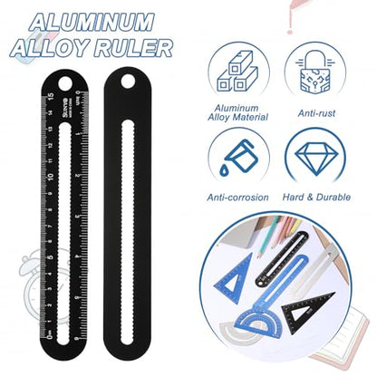 HARFINGTON 4pcs Triangular Ruler Set 15cm/6" Aluminum Alloy Straight Geometric Protractor Triangle Engineering Scale Drafting Ruler Kit Measuring Drawing Tool for Classroom Office Home, Black - color: Black