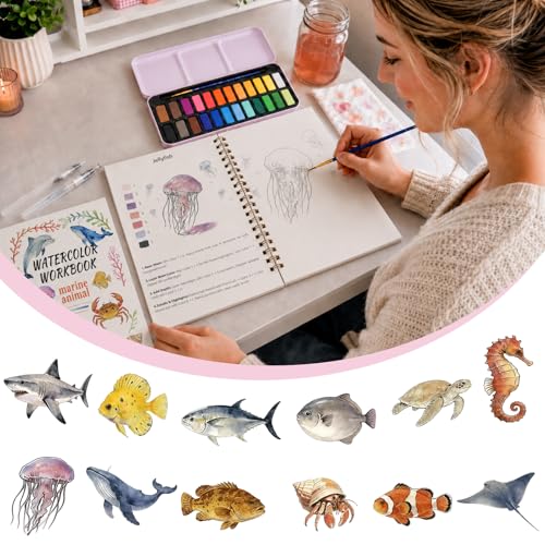Watercolor Workbook - Water Coloring Book Set for Adults and Beginners, Water Colors Book 14 Ocean Animal 24 Color Watercolor Paint, 3 Brush Pens, 300g Watercolor Paper Gift for Art Lovers - color: Animals-Ocean