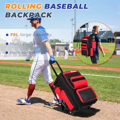 Rolling Baseball Bag with Wheels, 70L Baseball Backpack - color: Red