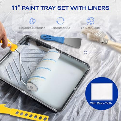 32PCS Paint Roller Kit with 2-4ft Extension Pole, 9" & 4" Roller Covers, Paint Brushes, Tray Liners & Tape, Professional House Painting Supplies for Walls, Ceilings & Cabinets
