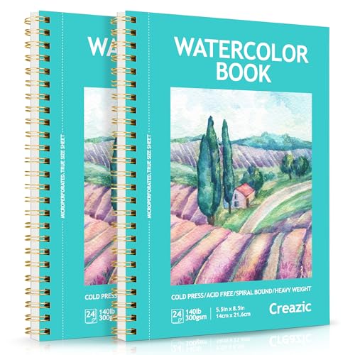 2-Pack Watercolor Paper Pad, 5.5" x8.5” (140lb/300g), Spiral Bound with Tear Line. A Watercolor Journal and Sketchbook for Adults & Kids - Ideal for Smaller Sized Exercises or Travel - color: Teal, size: 5.5" x 8.5" Spiral Bound (pack of 2)