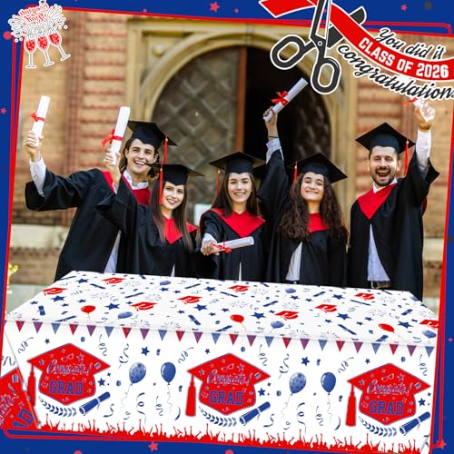 Kinlop 3 Pcs Graduation Tablecloths Class of 2026 Graduation Party Decoration Supplies 51" x 108" Plastic Congrats Grad Table Covers Disposable Graduate Tablecloths(Blue, Red) - color: Blue, Red