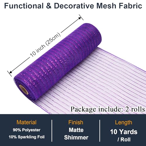 Purple Mesh Ribbon Rolls 10 Inch 10 Yds, Deco Mesh Fabric for Wreaths | (2 Rolls) 30Ft Each, Decorative Foil Mesh for Christmas Tree Ribbon, Door Decor, DIY Crafts, Halloween, Wedding Party Supplie - color: Purple