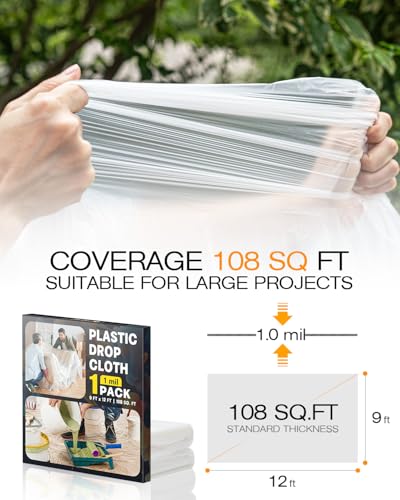 Plastic Drop Cloths for Painting, 9x12 Ft Plastic Sheeting, 1 Mil (1-Pack) | Clear Painter's Plastic Filim, Dust-proof Waterproof Painting Supplies for Furniture, Floor, Couch Protector - size: 1 PCS 9x12 Ft