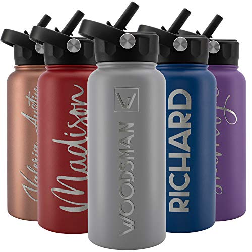 Amazing Items Personalized Water Bottle w/Straw & Lid, 32 oz - Gray | Custom Stainless Steel Sports Water Bottle w/Name and Text - Double-Wall, Vacuum Insulated - Rotating Handle - color: Gray, size: 32 Ounces