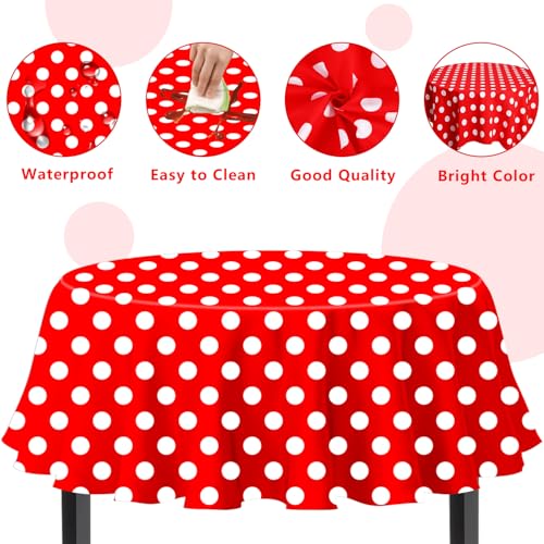 3 Pack Red and White Polka Dots Tablecloth Red Round Table Cover with White Polka Dot Round Plastic Table Cloth 84 in Round for Kitchen Dining Wedding Party