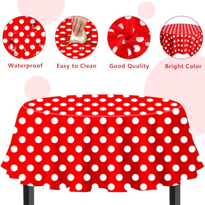 3 Pack Red and White Polka Dots Tablecloth Red Round Table Cover with White Polka Dot Round Plastic Table Cloth 84 in Round for Kitchen Dining Wedding Party