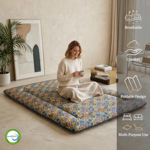 Zelladorra Japanese Floor Mattress, Futon Mattress | Roll Up Tatami Mat with Portable Storage Bag and Washable Cover, Suitable for Camping, Guest Room, Vibrant Mosaic - color: Vibrant Mosaic( 4"th + Dust Cover ）, size: Twin (80"L x 39"W)
