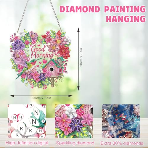 MAXBYE Diamond Painting Hanging Pendant, Bird House DIY Special Shaped Diamond Art Kits for Adults，Double Sided Rhinestone for Beginners Gift Window Wall Door Decoration 8×8 Inch - color: Bird House Good Morning