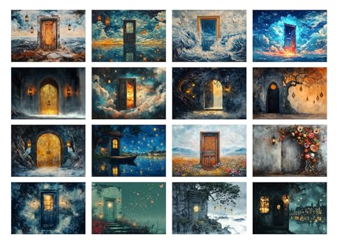 Decoupage Paper Pack (35 Sheets 6"x8") Enchanted Doorways Journey ~ Mystical, Lantern-lit Doors in Fantastical Locations—Forests, Clouds, Ruins—evoking Portals to Imaginary Realms in Storybook Style - color: Ten