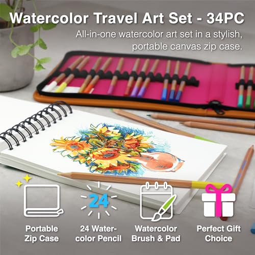 COLOUR BLOCK Watercolor Pencil Travel Art Set 34 PCS, Professional Drawing Kit, 50 Sheets Drawing Pad, Paint Brushes I Vibrant Pigments for Coloring and Blending
