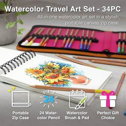 COLOUR BLOCK Watercolor Pencil Travel Art Set 34 PCS, Professional Drawing Kit, 50 Sheets Drawing Pad, Paint Brushes I Vibrant Pigments for Coloring and Blending