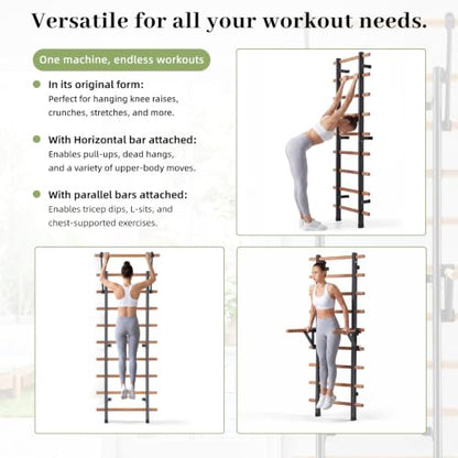 DHT Wood Stall Bar, Swedish Ladder Suspension Trainer with 9 Strategic Rods, for Home, Gym, School and Clinics, Black - color: WA2