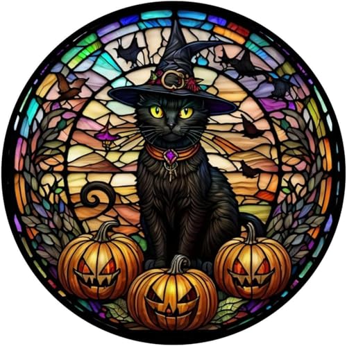 Halloween Cat Diamond Art Kits for Adults Diamond Painting Kit for Beginner | Black Cat Animal 5D Funny DIY Diamond Dots Full Drill Crafts for Gem Art Dot Art for Adults Home Wall Decor for Teens 12x12in - color: Halloween Stained Glass Black Cat