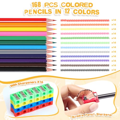 168 Packs Colored Pencils Bulk Classroom, Colored Pencils for Kids 12 Color | Coloring Pencil Set Plus 16 Sharpeners, Pre-sharpened Color Pencil, Back to School Supplies Bulk for Teachers