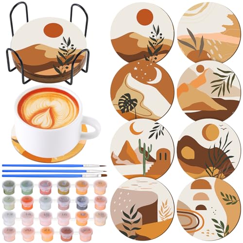 Reallnaive 8 Pcs Boho Paint by Numbers Kit for Adults Wooden Coasters | Mini Paint by Numbers, Tiny Cute Round Oil Painting Drink Coaster with Holder, for Small DIY Craft Birthday Gift - style: Boho