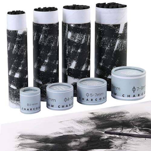 100PCS Willow Charcoal Sticks - Natural Willow Charcoal for Artists, Beginners, or Students of All Skill Levels - Perfect for Drawing and Sketching, Approx. 2-4mm, 4-5mm, 5-7mm, 7-9mm Dia - style: 2-4mm, 4-5mm, 5-7mm, 7-9mm
