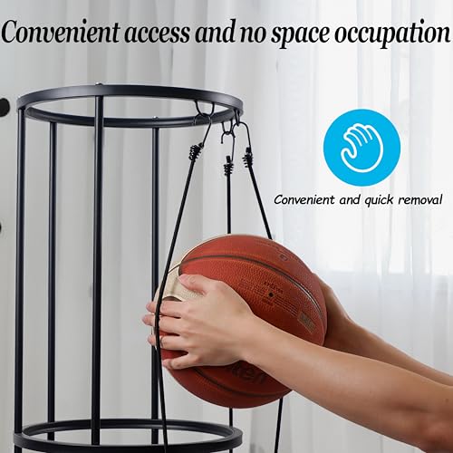 Upgrated Ball Storage Rack with Small Bottom Ball Holder, 3 Adjustable Elastic Cords Sports Equipment Organizer, Wall-Mounted Basketball Rack for Indoor,Outdoor,Home,Garage - size: 5 Balls