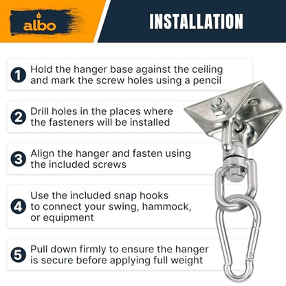 Albo Heavy Duty Ceiling Swing Mount Bracket with 360° Swivel & Locking Carabiner, 2650 LBS, Hammock Chair, Porch Swing, Yoga Swing, Punching Bag Ceiling Hanger, Wood Beam & Concrete Hardware Kit - color: Silver, size: 1 Piece