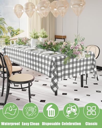 Smiry 8 Packs Gingham Disposable Table Cloth, 54 x 108 Inch Waterproof Plastic Tablecloth, Rectangle Grey and White Checkered Table Covers for Party, Birthday, Picnic, Banquet - color: Grey and White, size: 54"x108" (Pack of 8)