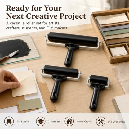 PhotonOcean 3-Pack Rubber Brayer Rollers for Crafting, Printmaking | Hard rubber craft rollers (2.4", 4", 7.9") for gluing, stamping, wallpaper and vinyl application.