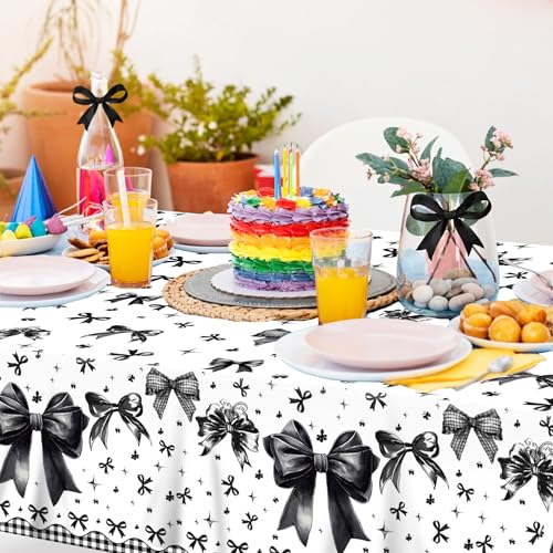 1Pc Black Bowknot Party Plastic Tablecloth 54 x 87 Inch Long Table Cover, Bow Tie Party Tablecover for Dark Style Theme Kids Baby Shower Birthday Dinner Picnic Kitchen Event - color: Black Bowknot
