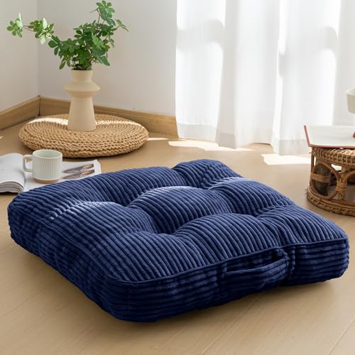 HIGOGOGO Floor Pillow Cushion for Adults, Meditation Cushion Pillow, Large Square Floor Sitting, Tufted Corduroy Cover, for Tatami Living Room or Yoga, 22x22 Inch, Navy - color: Square Navy, size: 4" Thick(Pack of 1)