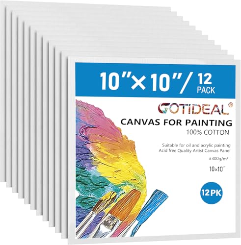 Canvases for Painting, 10x10 inch of 12 Pack, 100% Cotton | Professional Primed White Blank Flat Canvas Panels, Artist Canvas Boards for Acrylics Painting, Oil Watercolor Tempera - size: 10"x10"