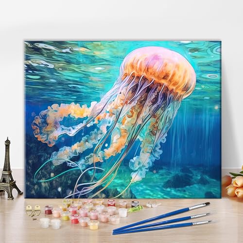 TUMOVO Paint by Numbers for Adults Jellyfish | animals jellyfish art on 16x20 inch unframed canvas with paints and brushes, proudly display your creation as wall decor. - color: Jellyfish