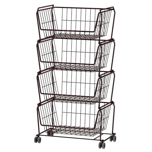 PUSDON 4-Tier Spacious Stackable Wire Storage Baskets with Wheels, Metal Rolling Utility Cart, Produce Basket for Pantry, Bathroom Organizer Shelf, Vintage Bronze - color: Vintage Bronze, size: 4 Tier Standard