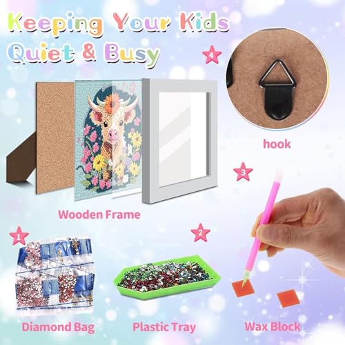 ajepon Cow Diamond Art Kits for Kids with Frame - Highland Cow Diamond Art for Kids Ages 8-12, Animal Gem Painting Kits for Kid with Beautiful Package for Gift Home Wall Decor (7x7inch) - color: CC373