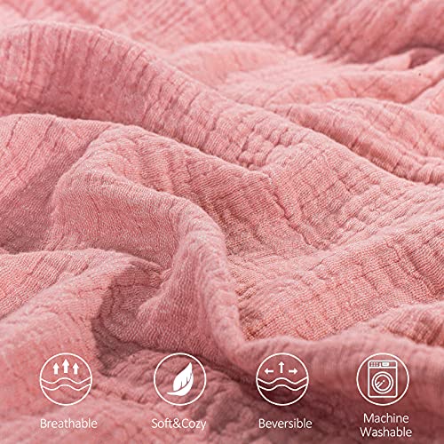 SE SOFTEXLY Muslin Throw Blanket, 4-Layer Dyed Yarn, 80”x90”, Coral Pink - color: Coral Pink, size: Full/Queen-80" x 90"