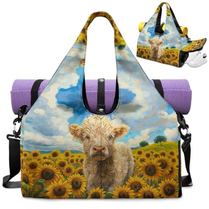 Yoga Mat Bag for Men Women Canvas Yoga Mat Carrier Take In Out Mat Easily for Beach Swim Bags Pool Sports Gym - color: Highland Cattle yellow