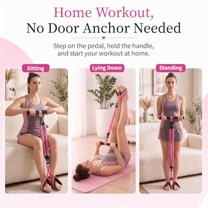 3-Tube Pedal Resistance Band with Handles, 90lbs Peak Resistance | Nylon-covered straps prevent snap injury. Padded pedals & non-slip grips ensure comfortable full body exercises. Beginner gym - color: Pink